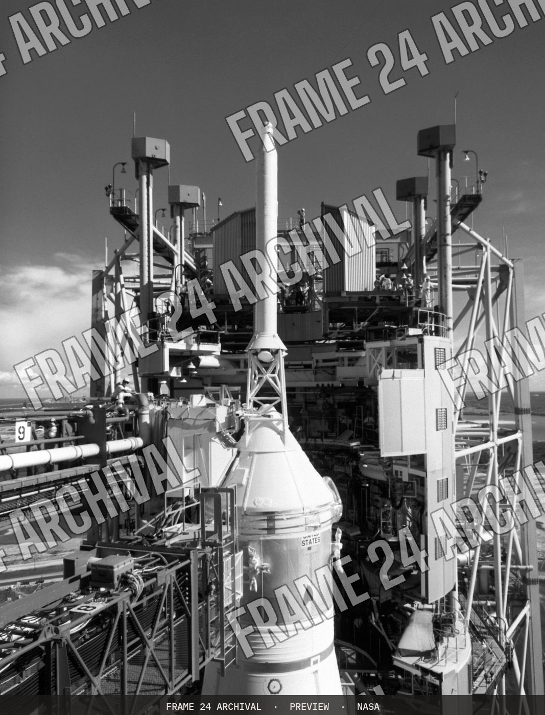 Apollo 11 spacecraft pre-launch (1969), restored vintage black and white photograph