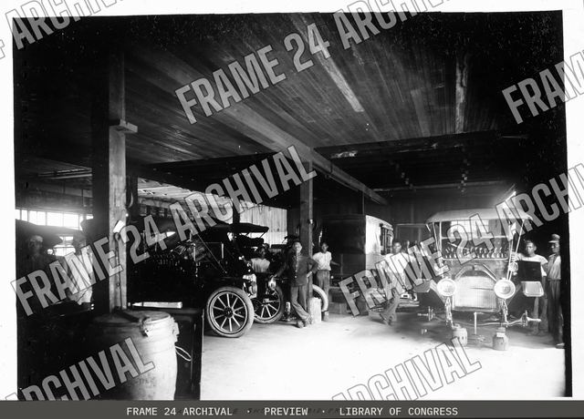 Automobile shop, Bilibid Prison, vintage black and white photograph