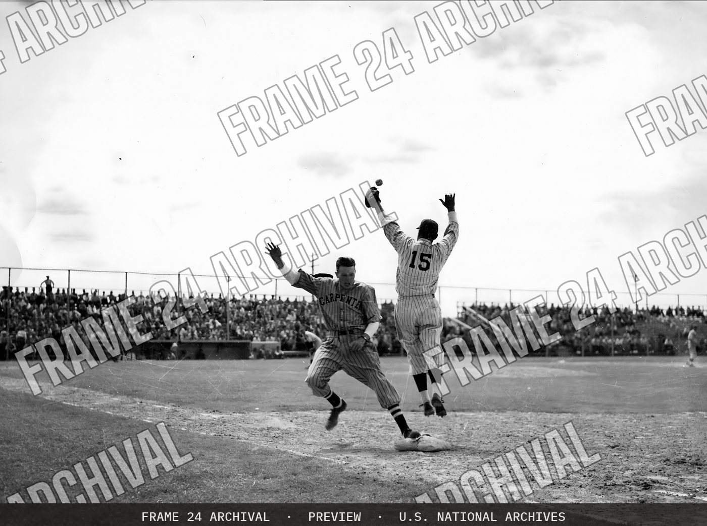 Baseball game in Hanford (1945), restored vintage black and white photograph
