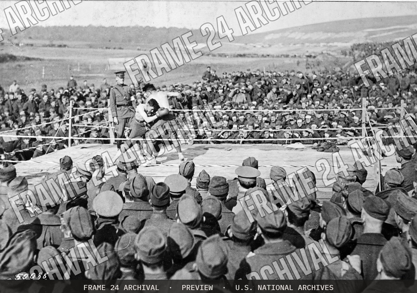 Boxing bout in the A.E.F, restored vintage black and white photograph