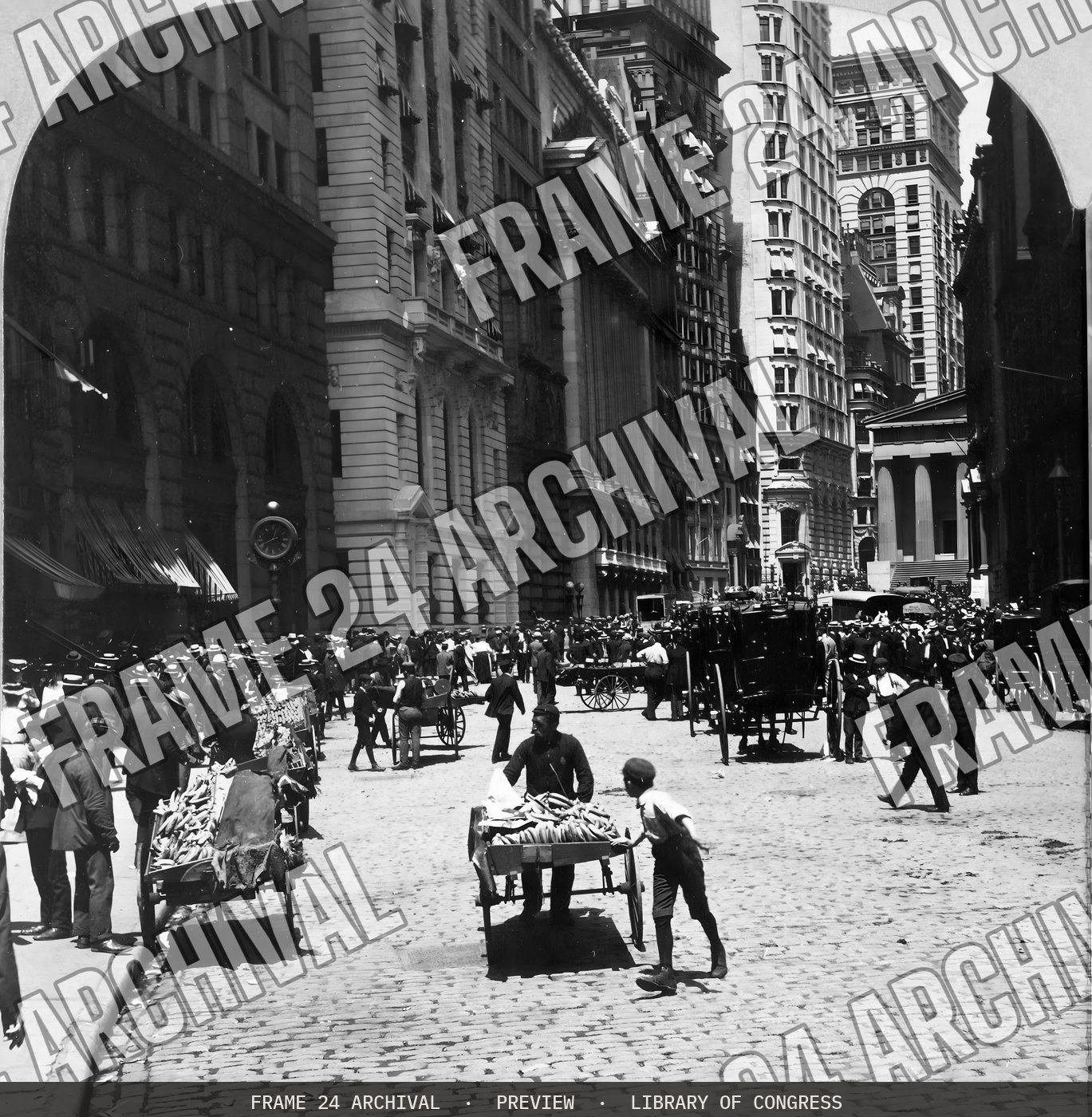 Broad Street, the broker section of the city, Sub-Treasury to the right, New York City (1904), restored vintage black and white photograph