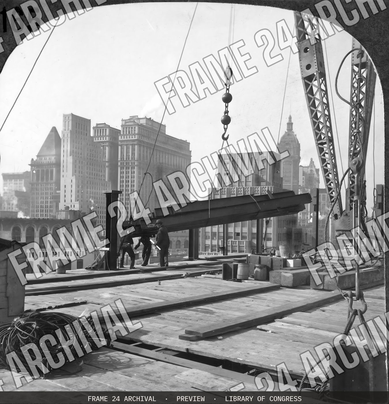 Building the steel frame for a skyscraper (1929), restored vintage black and white photograph