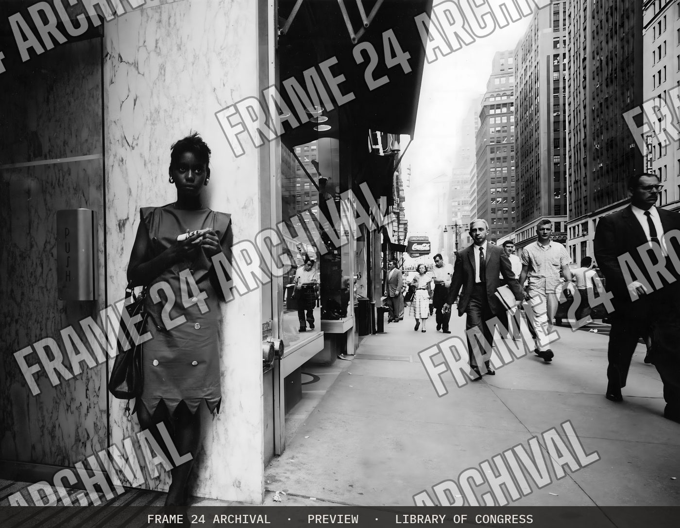 Bustling city street (1958), restored vintage black and white photograph