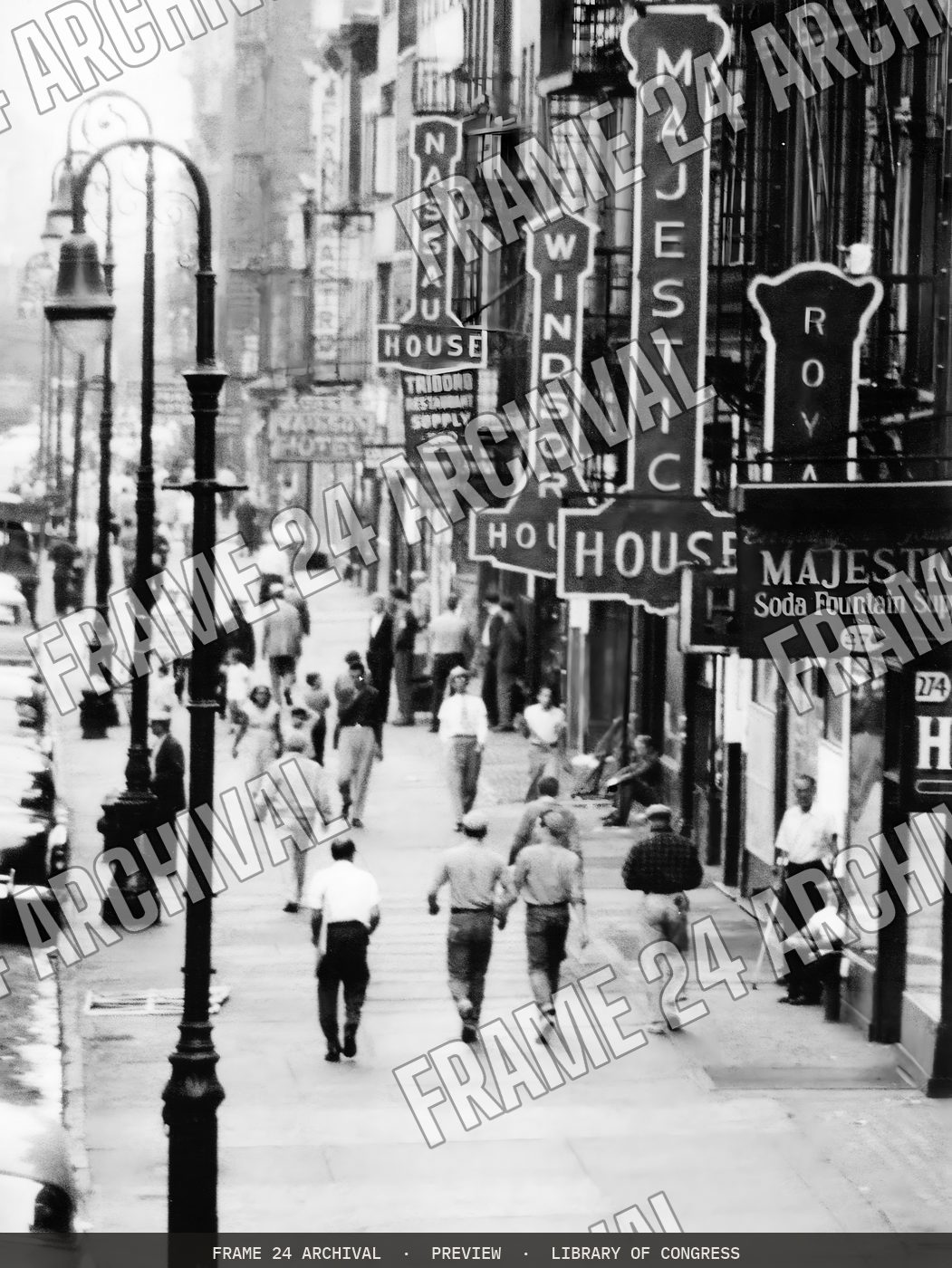 Busy street in New York City (1954), restored vintage black and white photograph
