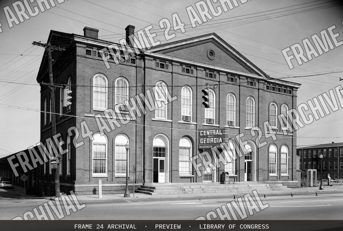 Central of Georgia Railroad, Passenger Station & Train Shed, 301 West Broad Street, Savannah, Chatham County, GA, restored vintage black and white photograph