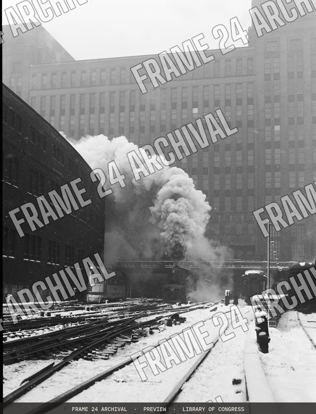 Chicago, Illinois. Trains pulling out of the station (1943), restored vintage black and white photograph
