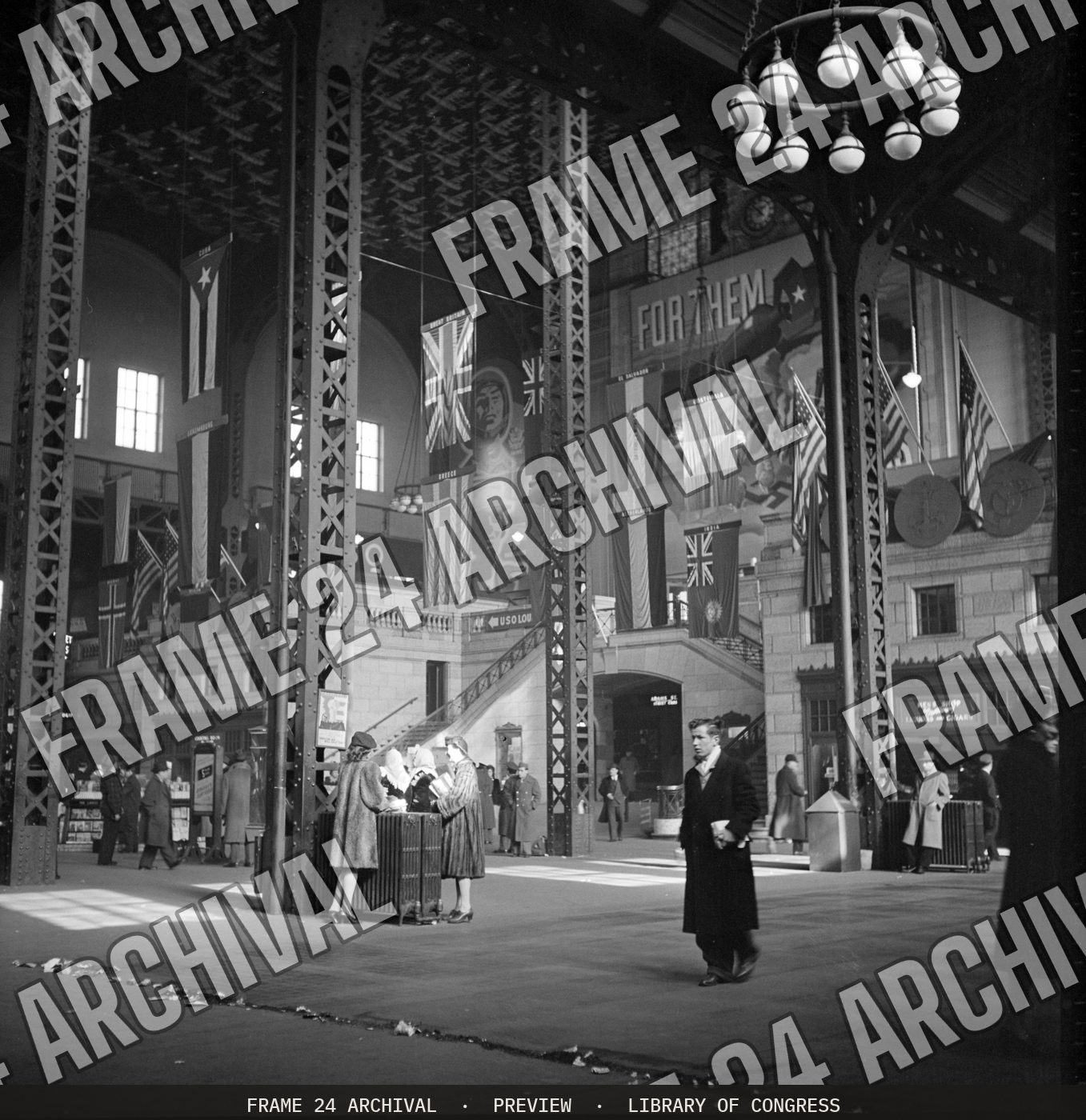 Chicago, Illinois. Union Station train concourse (1943), restored vintage black and white photograph