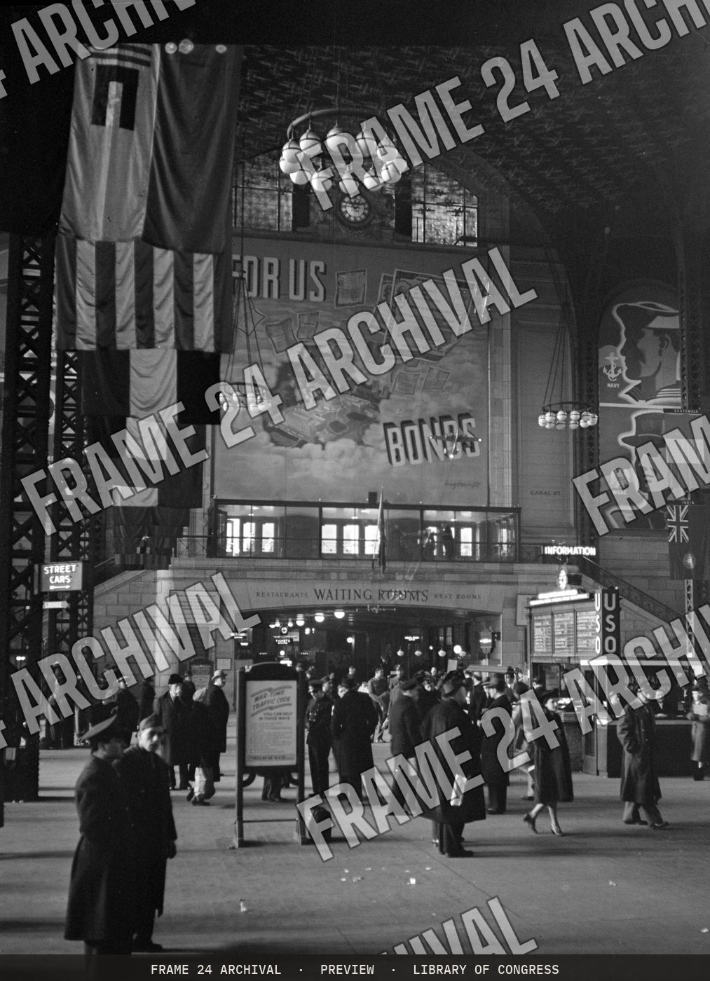 Chicago, Illinois. Union Station train concourse (1943), restored vintage black and white photograph