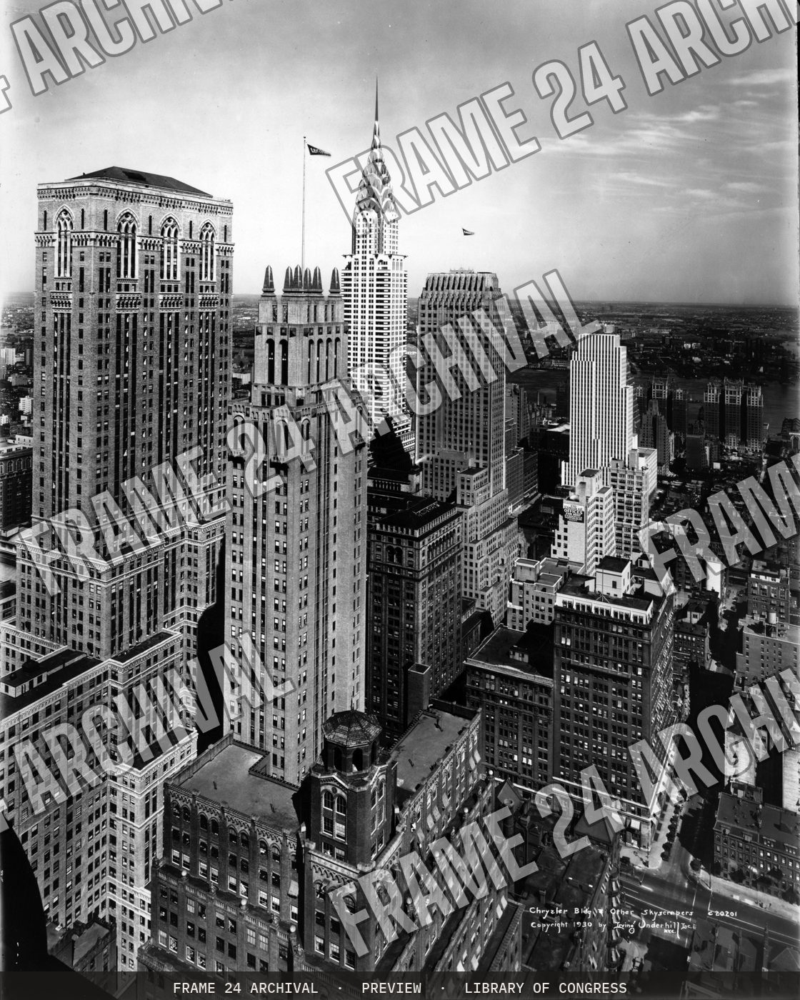 Chrysler Bldg. & other skyscrapers (1930), restored vintage black and white photograph