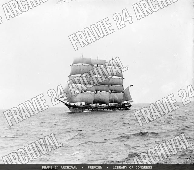 Full rigged, four-masted sailing ship, vintage black and white photograph