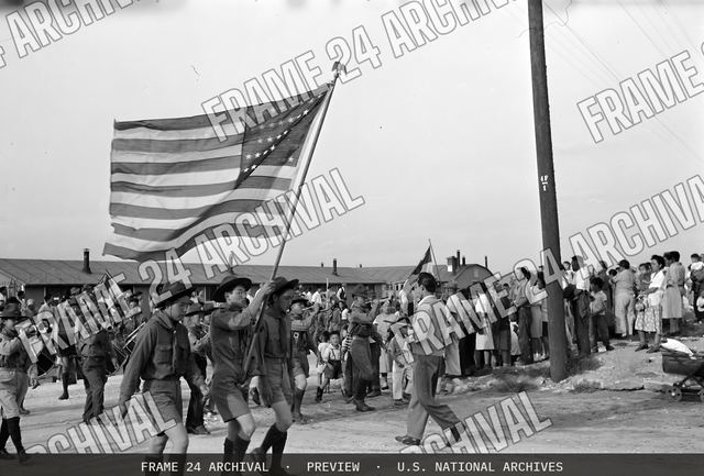 Granada Relocation Center, Amache, Colorado. Amache Summer Carnival Parade, vintage black and white photograph
