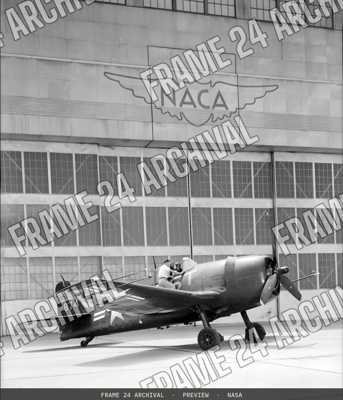 GRUMMAN F6F-3 #874 AIRPLANE on the NACA Ames flight line (1955), restored vintage black and white photograph