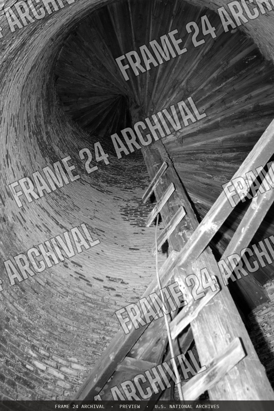 Historic Lighthouse staircase, restored vintage black and white photograph