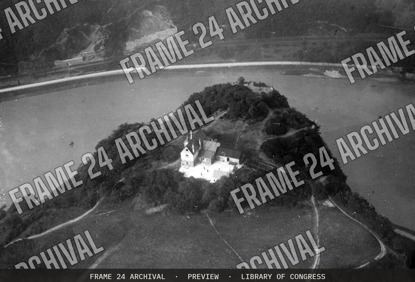 Middle Rhine River Valley, from an airship (1910), restored vintage black and white photograph
