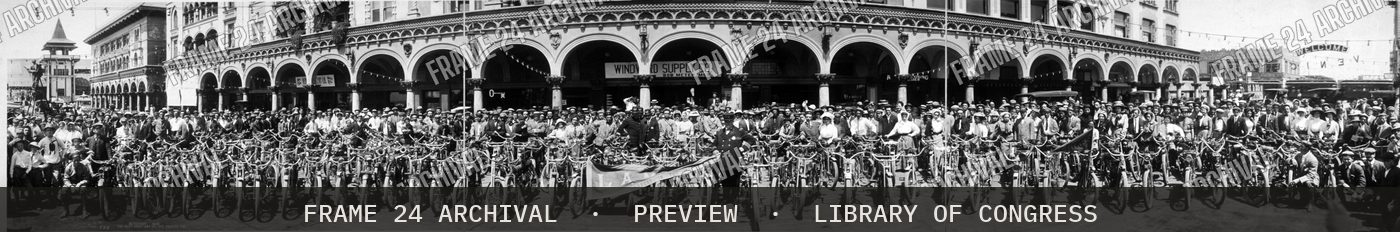 Motorcycles at Venice, Calif (1910), restored vintage black and white photograph