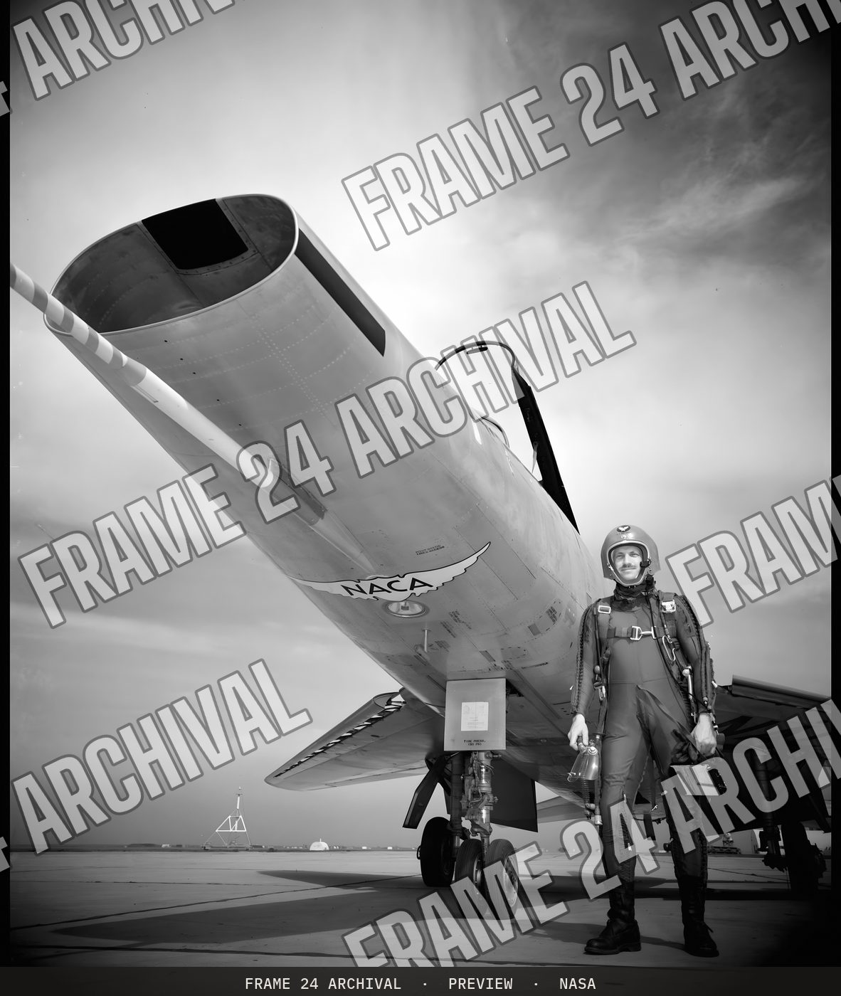 North American F-100 Airplane , with Pilot George Cooper (1957), restored vintage black and white photograph
