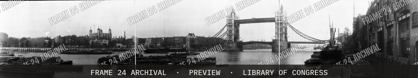 Panoramic view of Tower of London & Tower Bridge (1909), restored vintage black and white photograph