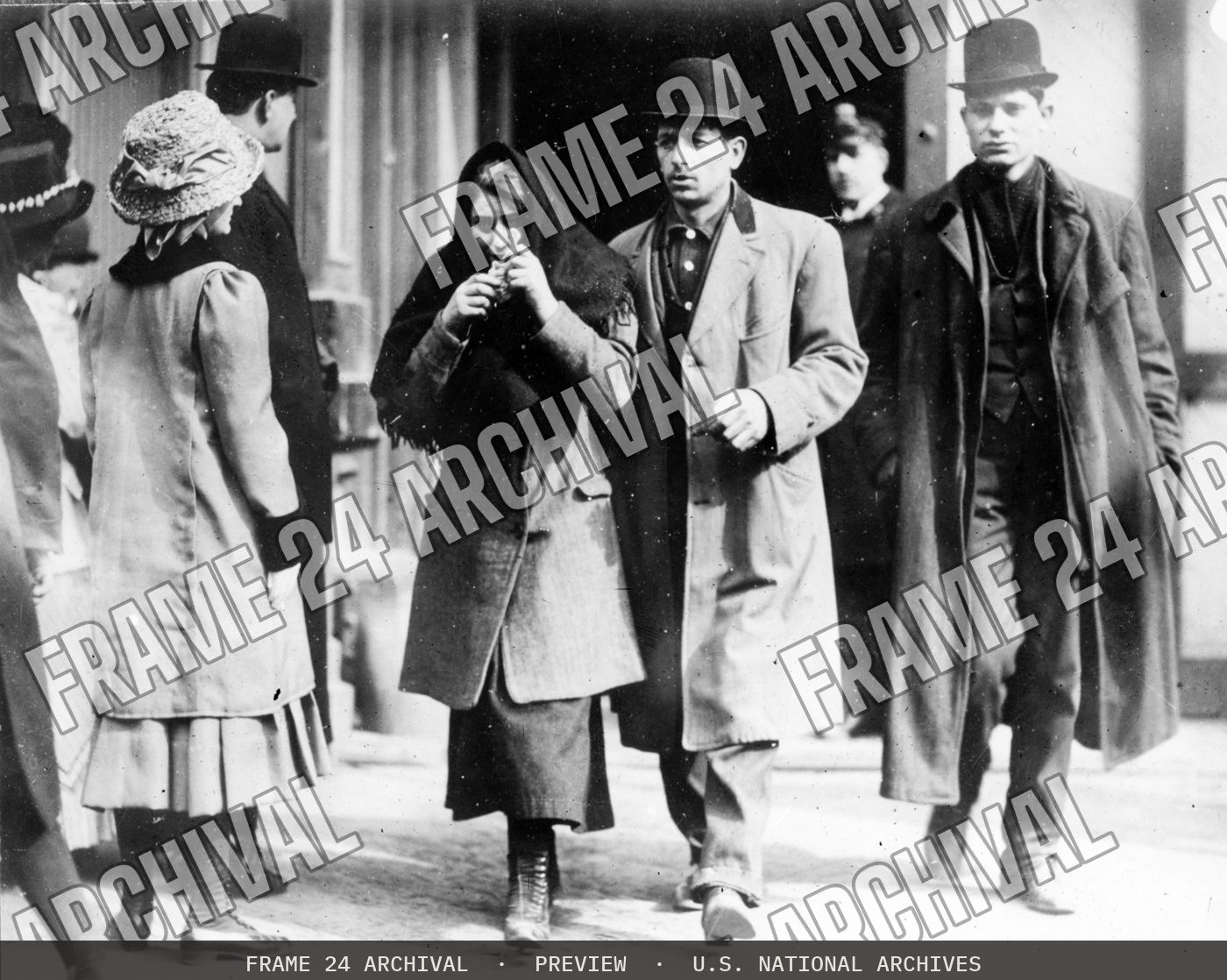 Photograph of People near the Triangle Shirtwaist Factory Fire (1911), restored vintage black and white photograph