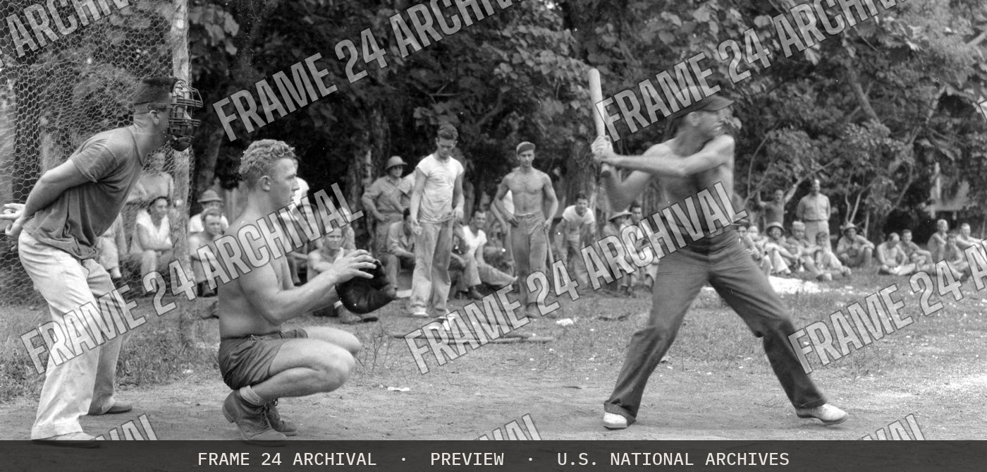Photograph of the Christmas Day Baseball Game (1943), restored vintage black and white photograph