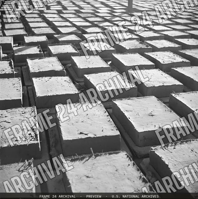 Poston, Arizona. Adobe factory. Drying racks, vintage black and white photograph