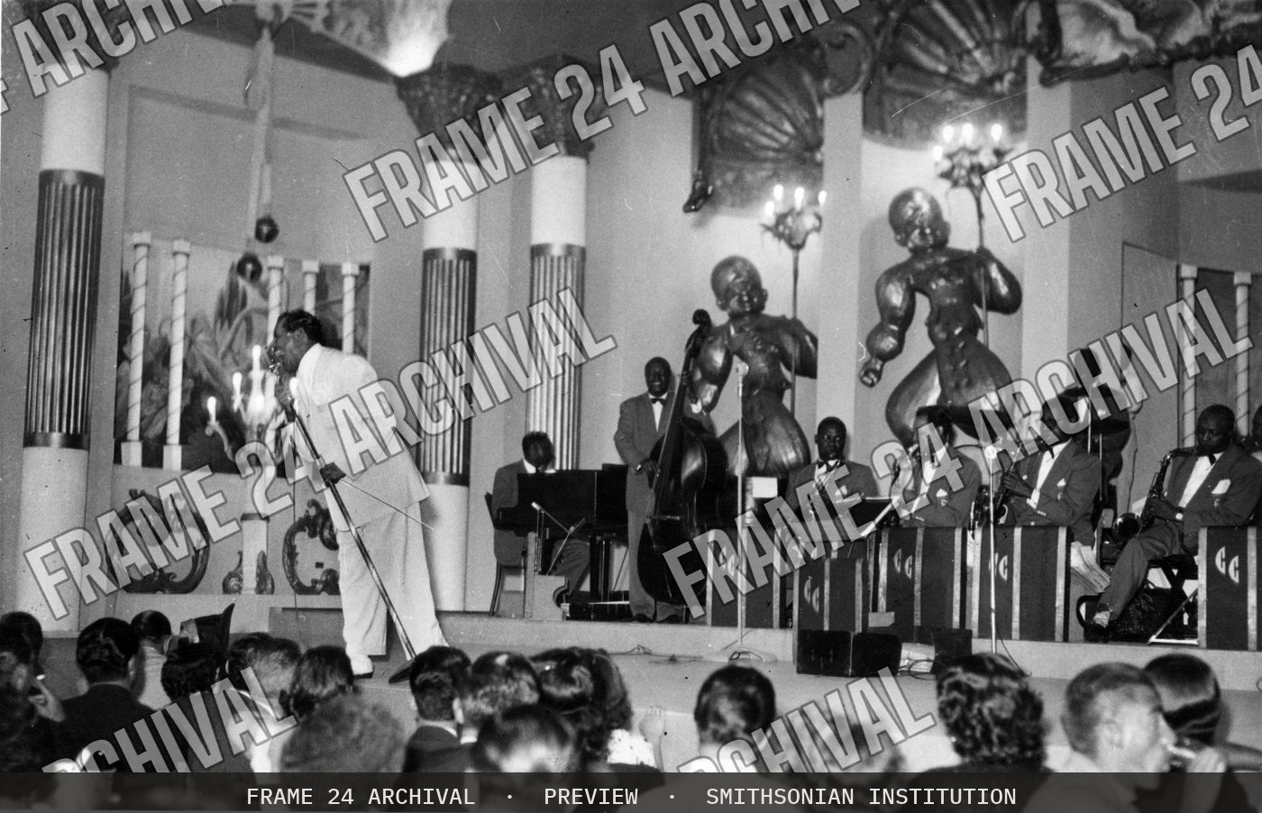 Print of Cab Calloway and his band performing on stage (1940), restored vintage black and white photograph