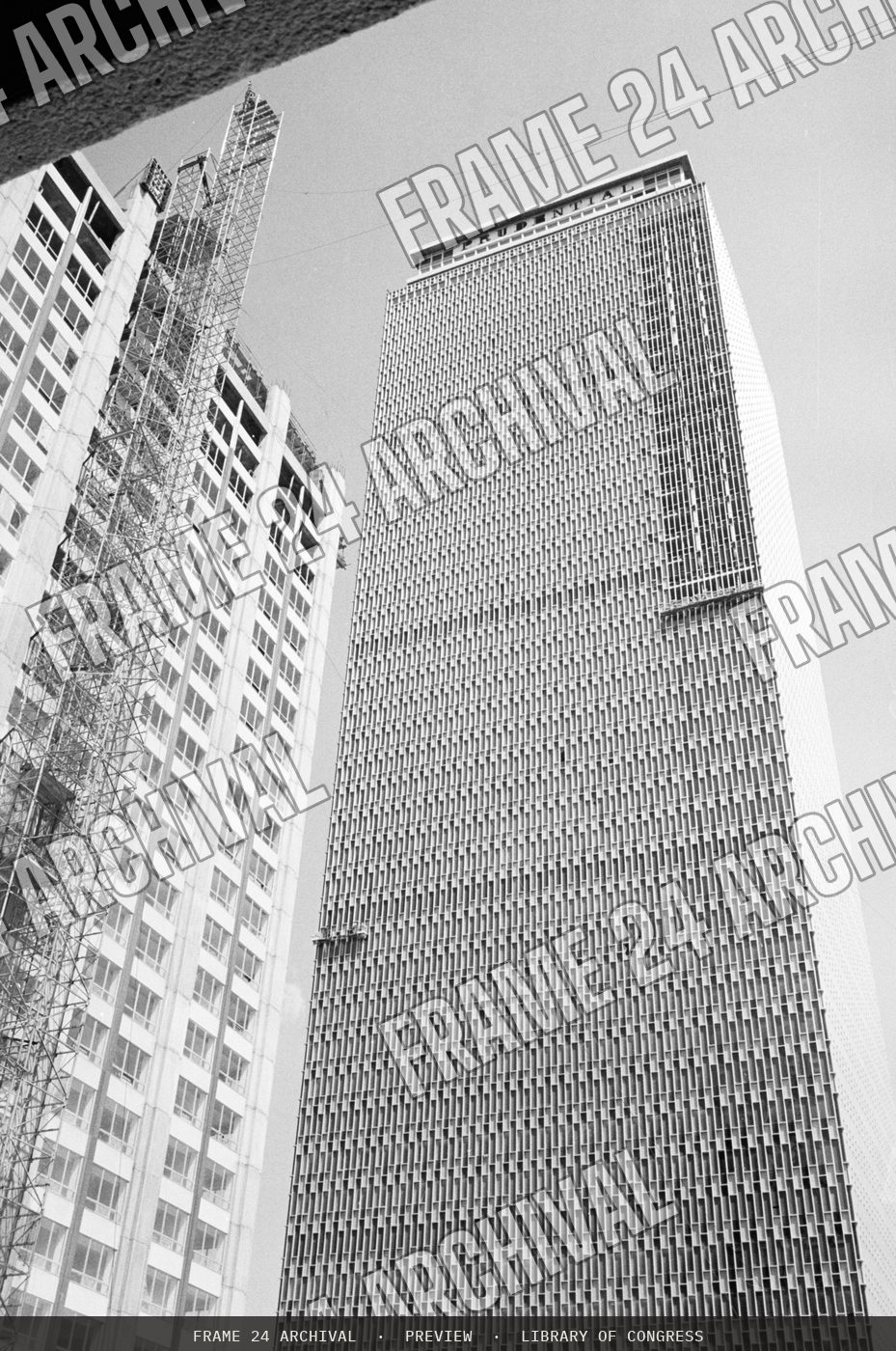 Prudential Center, Boston, Massachusetts, skyscraper construction (1964), restored vintage black and white photograph