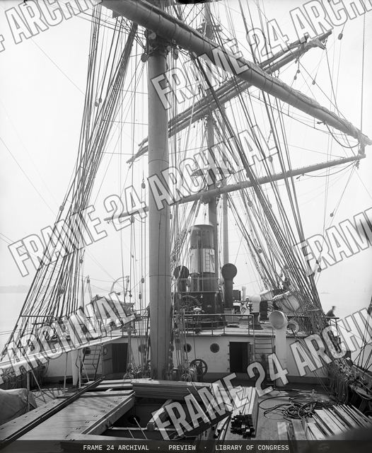 Sailing ship R.C. Rickmers, deck view, looking aft, vintage black and white photograph