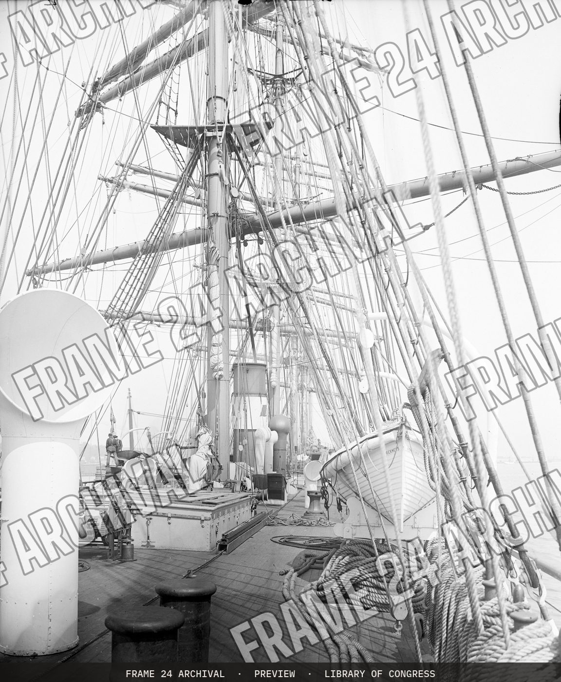 Sailing ship R.C. Rickmers, deck view, looking forward (1906), restored vintage black and white photograph