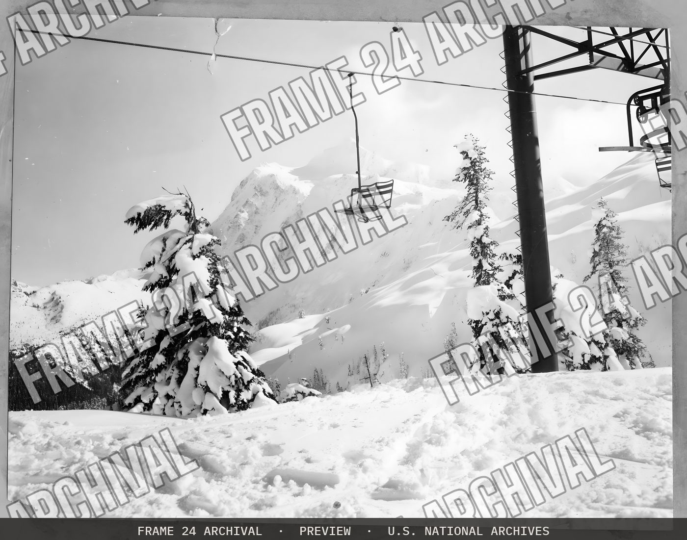 Skiing: Lifts, restored vintage black and white photograph