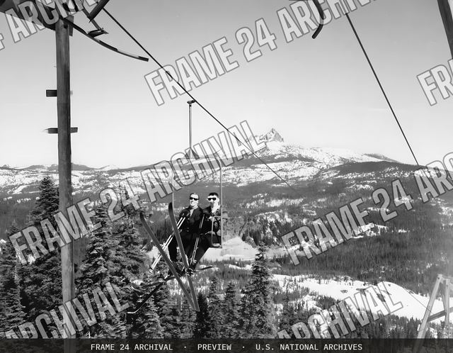 Skiing: Lifts, vintage black and white photograph