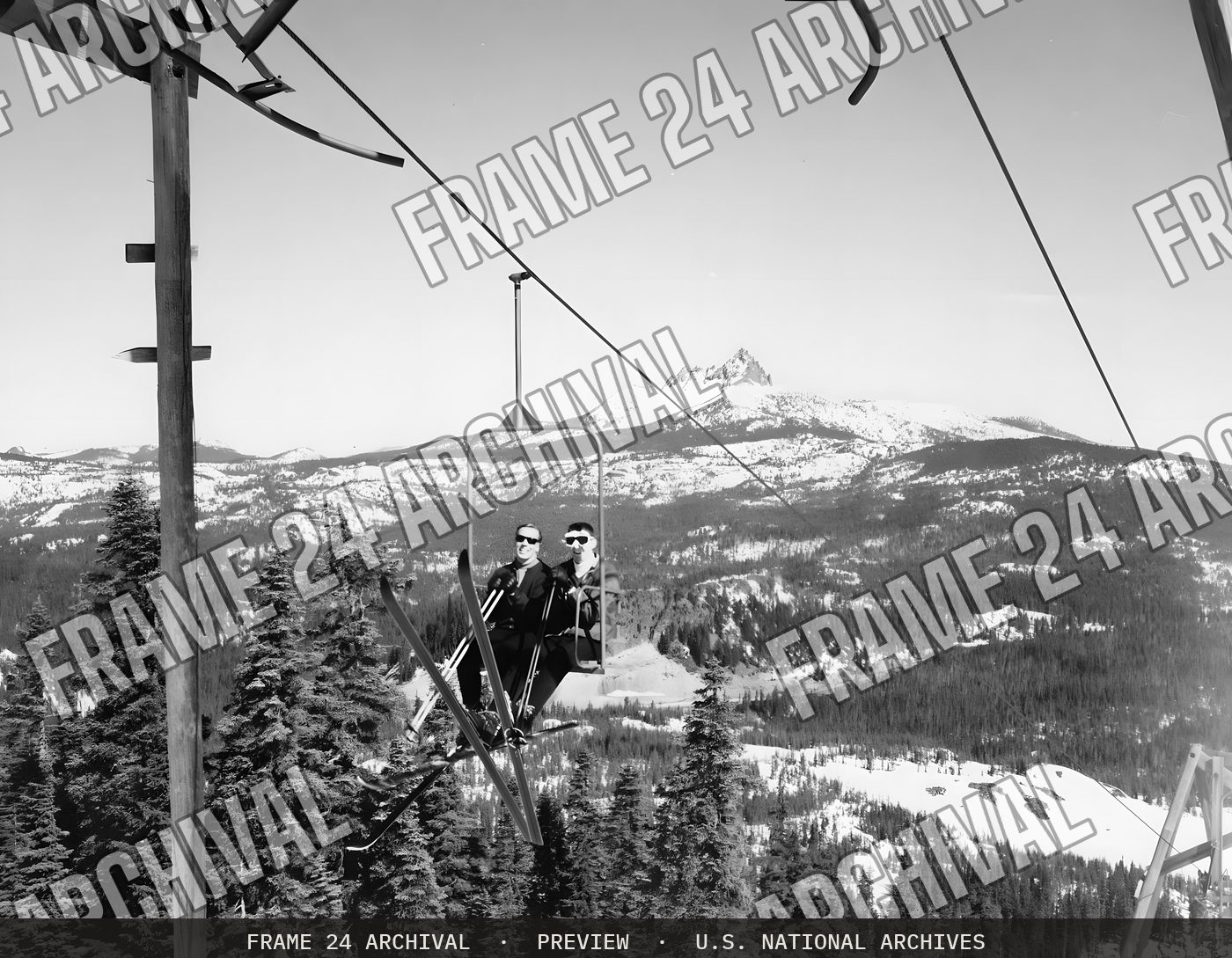 Skiing: Lifts, restored vintage black and white photograph