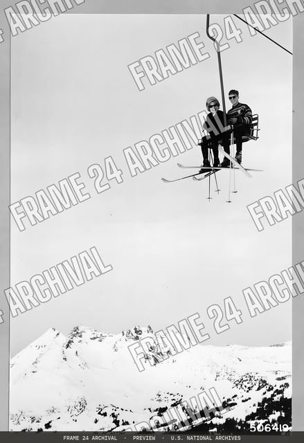 Skiing: Lifts, vintage black and white photograph