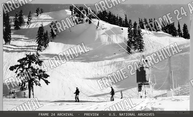 Skiing: Lifts, vintage black and white photograph