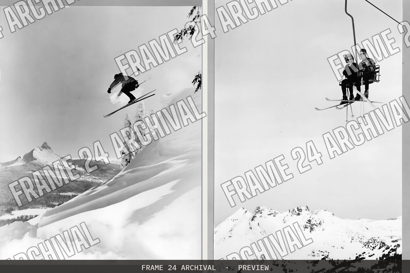 Skiing, restored vintage black and white photograph