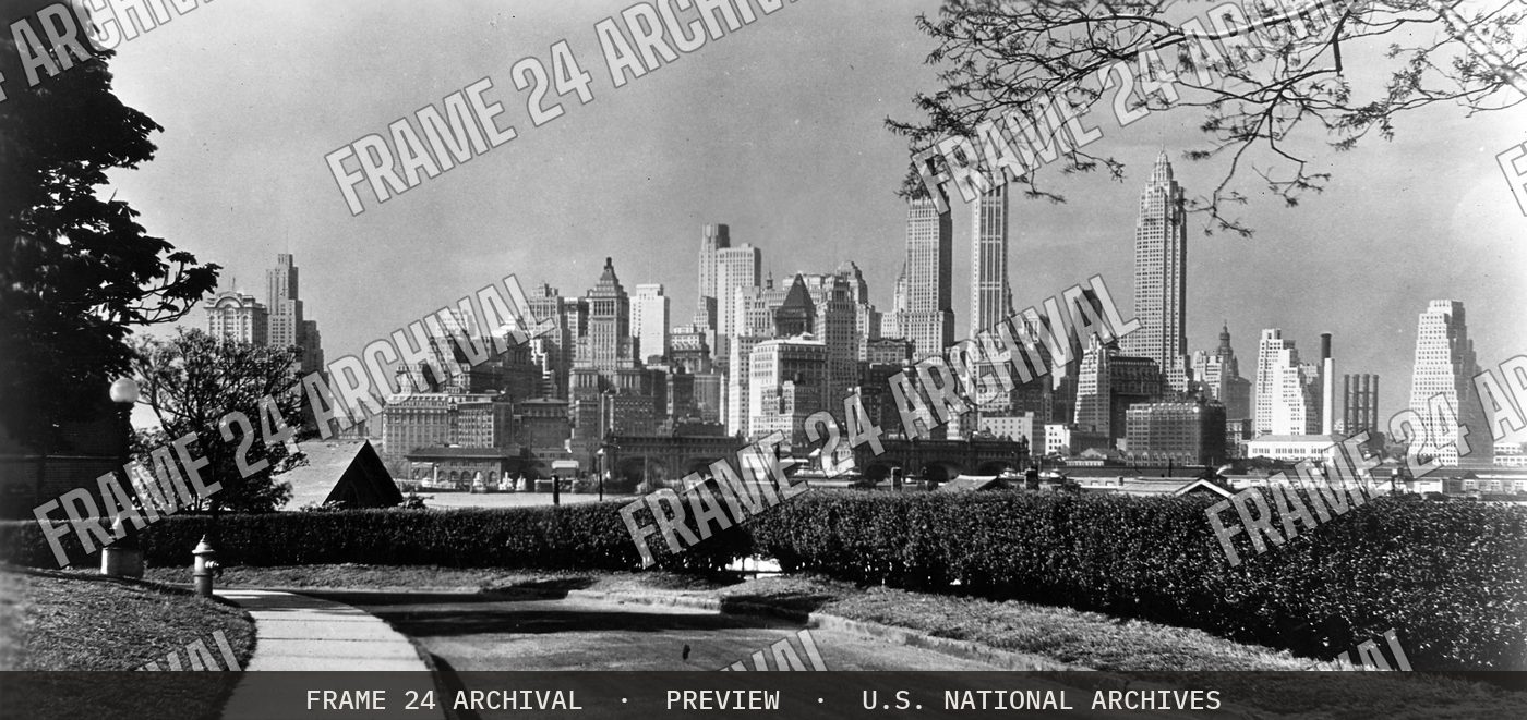 Skyline of New York City, from Governor's Island, New York, 1933, restored vintage black and white photograph