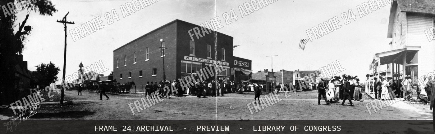 Street scene Barnes City, Iowa (1909), restored vintage black and white photograph