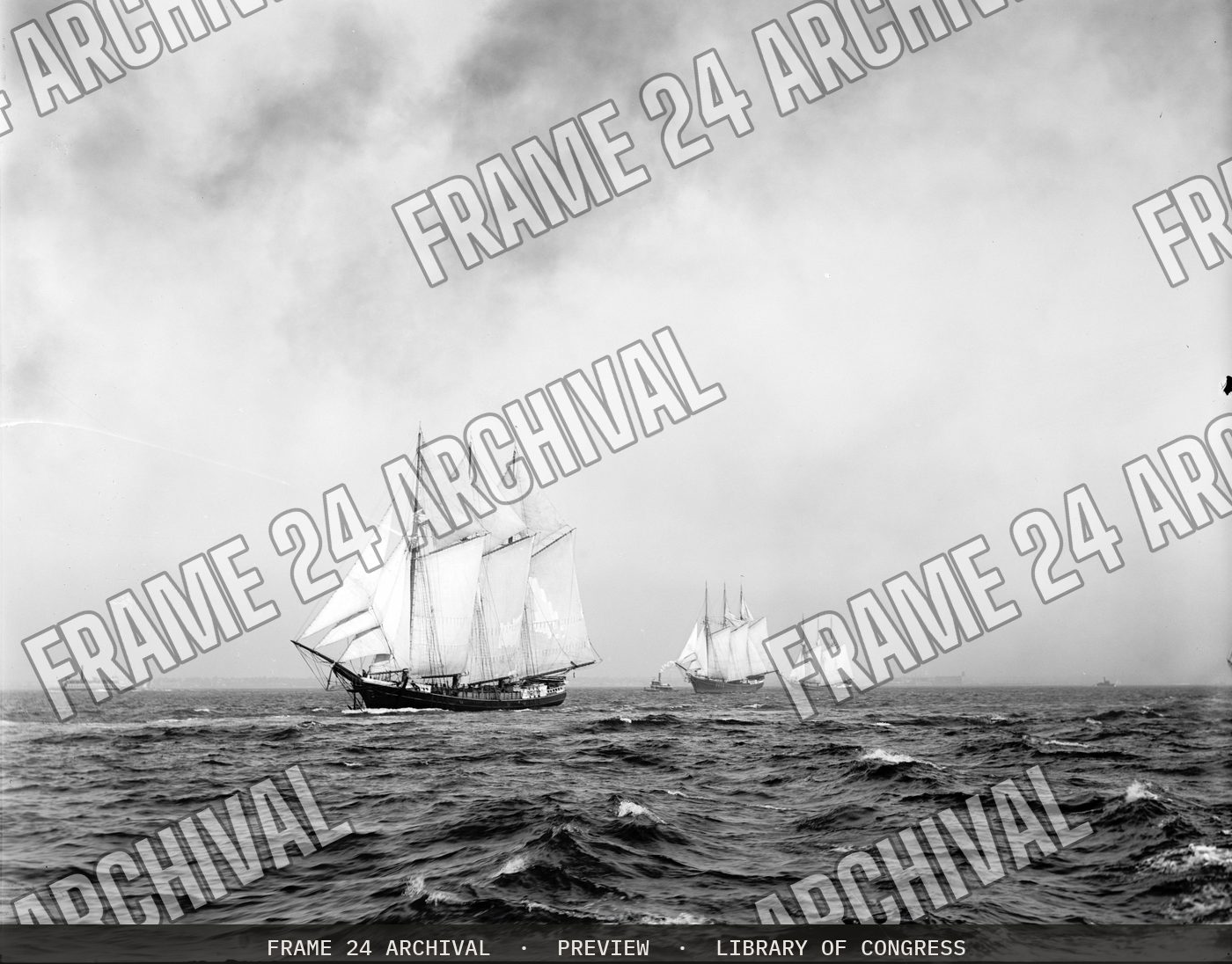 Three three-masted ships (1899), restored vintage black and white photograph