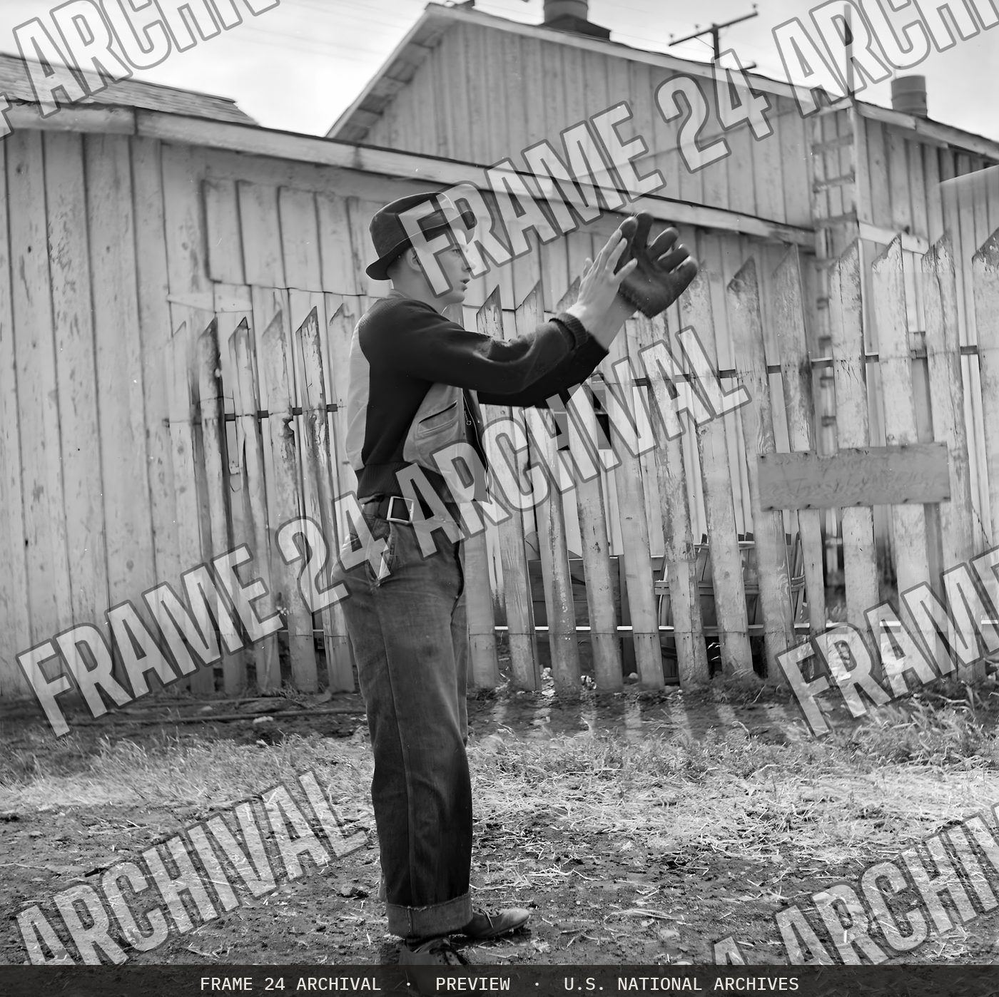 Tracy, California. Baseball Recreation. Catch! Try-outs for the town baseball team (1940), restored vintage black and white photograph