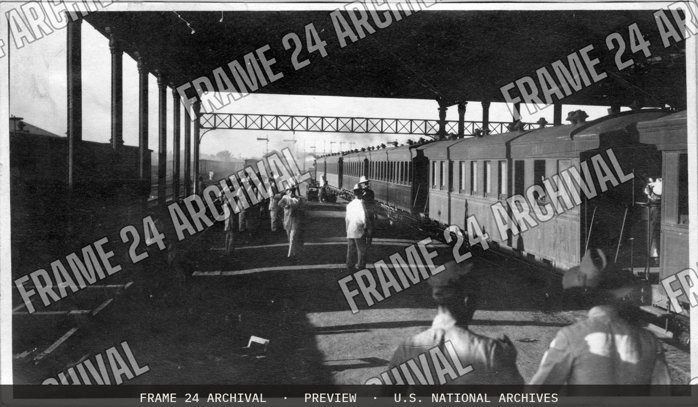 Train Standing at Platform No. 2, Manila Station, restored vintage black and white photograph