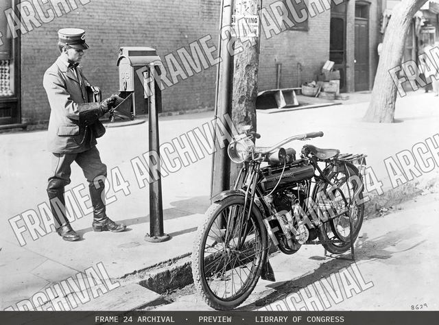 U.S. mailman & motorcycle, vintage black and white photograph