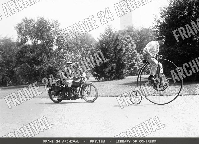 Velocipede and motorcycle, vintage black and white photograph