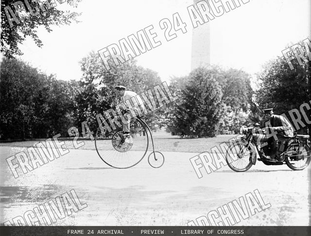 Velocipede and motorcycle, vintage black and white photograph
