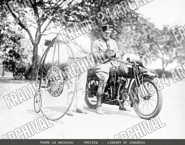 Velocipede and motorcycle, vintage black and white photograph