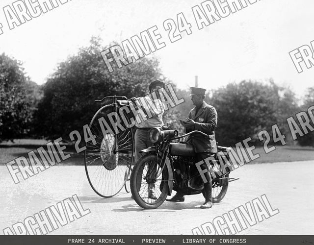 Velocipede and motorcycle, vintage black and white photograph