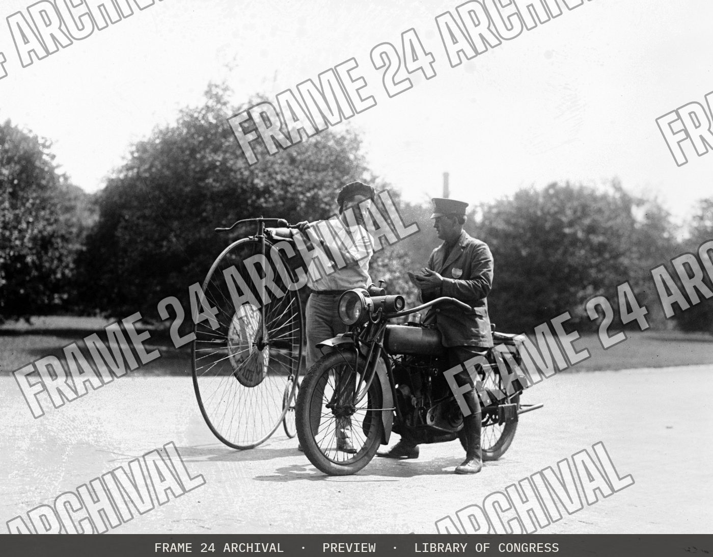 Velocipede and motorcycle (1921), restored vintage black and white photograph