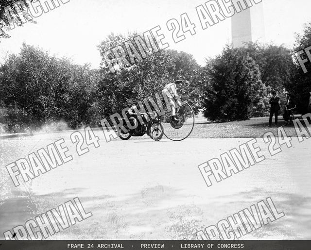 Velocipede and motorcycle, 8/23/21, vintage black and white photograph
