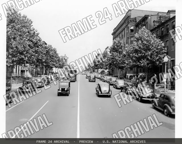 Widened city street, vintage black and white photograph