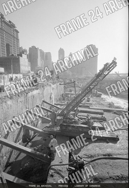 World Trade Center construction New York City, vintage black and white photograph